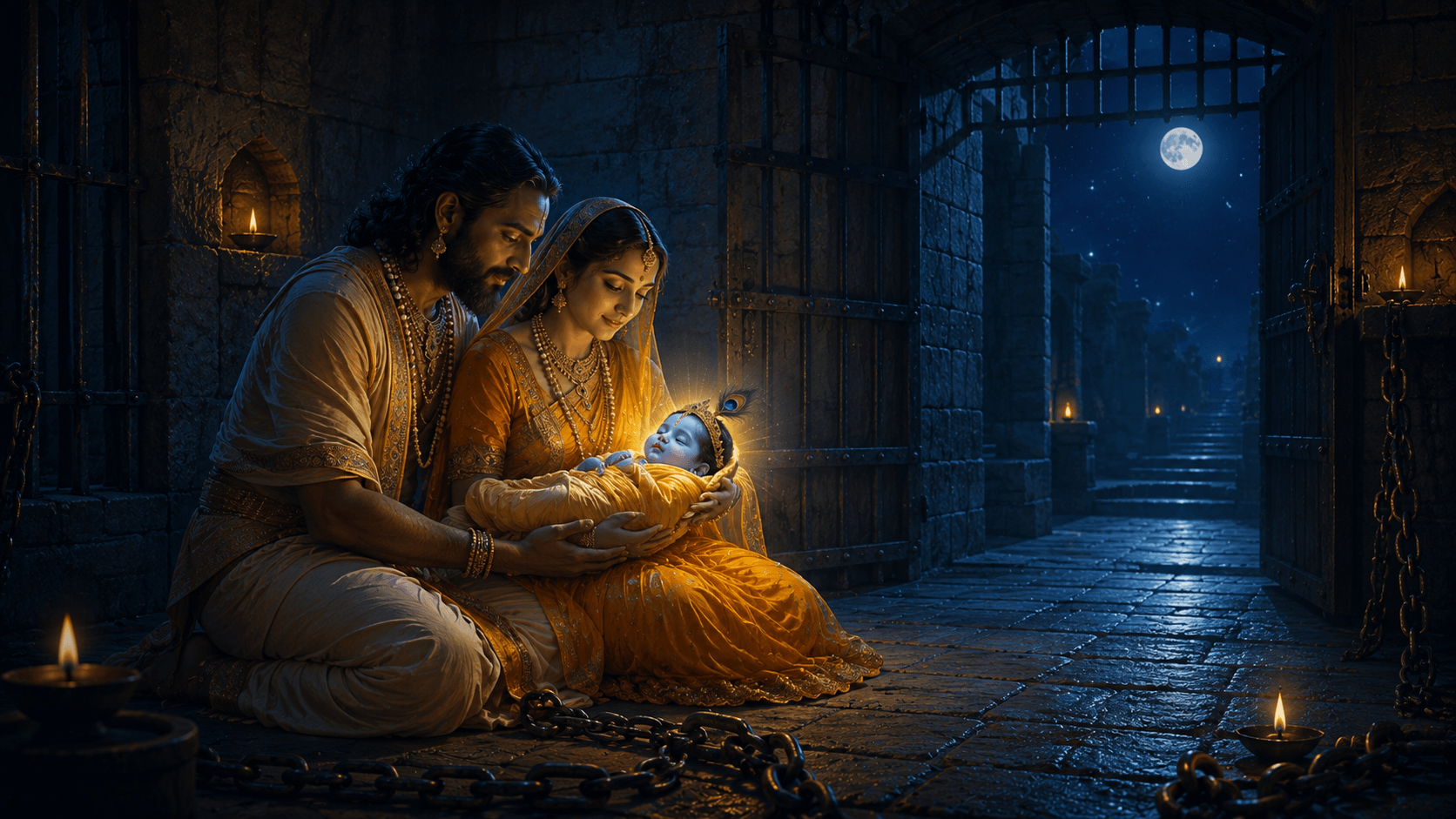 Inside a stone prison chamber at midnight, Devaki and Vasudeva hold the newborn Krishna, who glows softly; beyond them an open doorway shows moonlight on wet steps.
