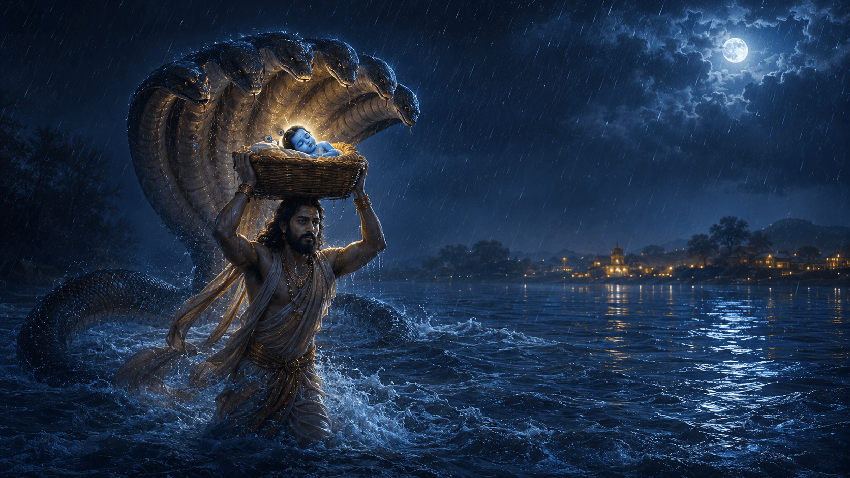 Vasudeva wades through the rain-swept Yamuna holding a basket above his head; the infant Krishna rests inside while the many hoods of Shesha arch over them as shelter.