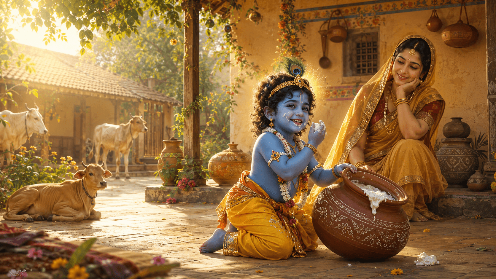 In a sunlit village courtyard, the child Krishna laughs beside a clay pot of butter while Yashoda watches with affection; calves rest under the veranda behind them.