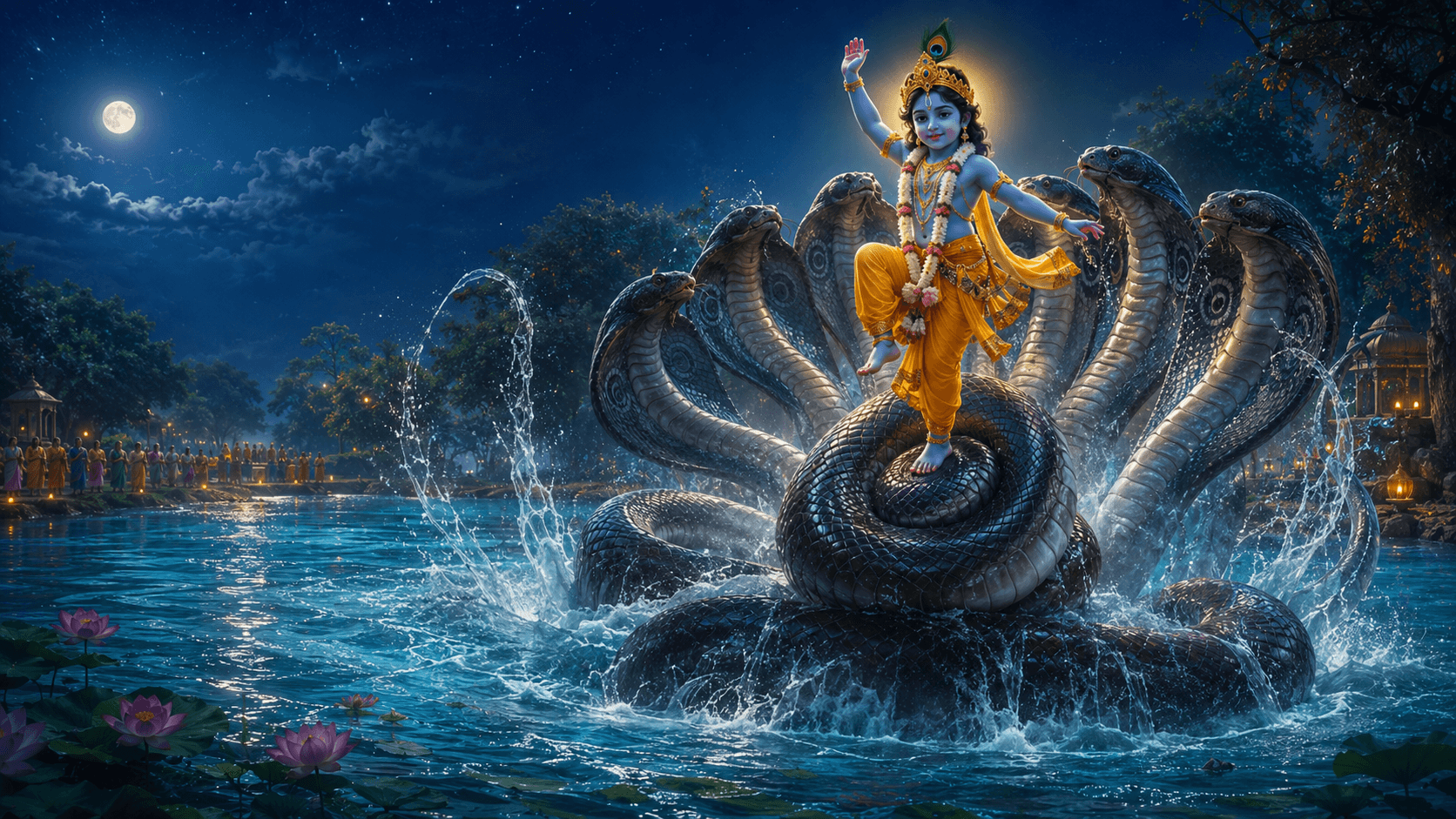 Krishna stands lightly upon the coils of the serpent Kaliya in the moonlit Yamuna, one hand raised, as clear water rises around them and lotuses bloom at the bank.