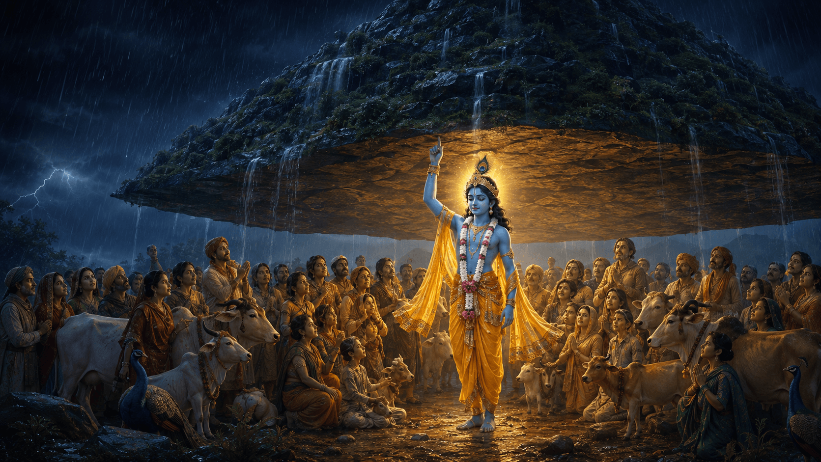 Krishna raises Govardhan Hill on one finger while the villagers of Vraja and their cattle gather beneath it, dry and calm as rain falls beyond the mountain edge.