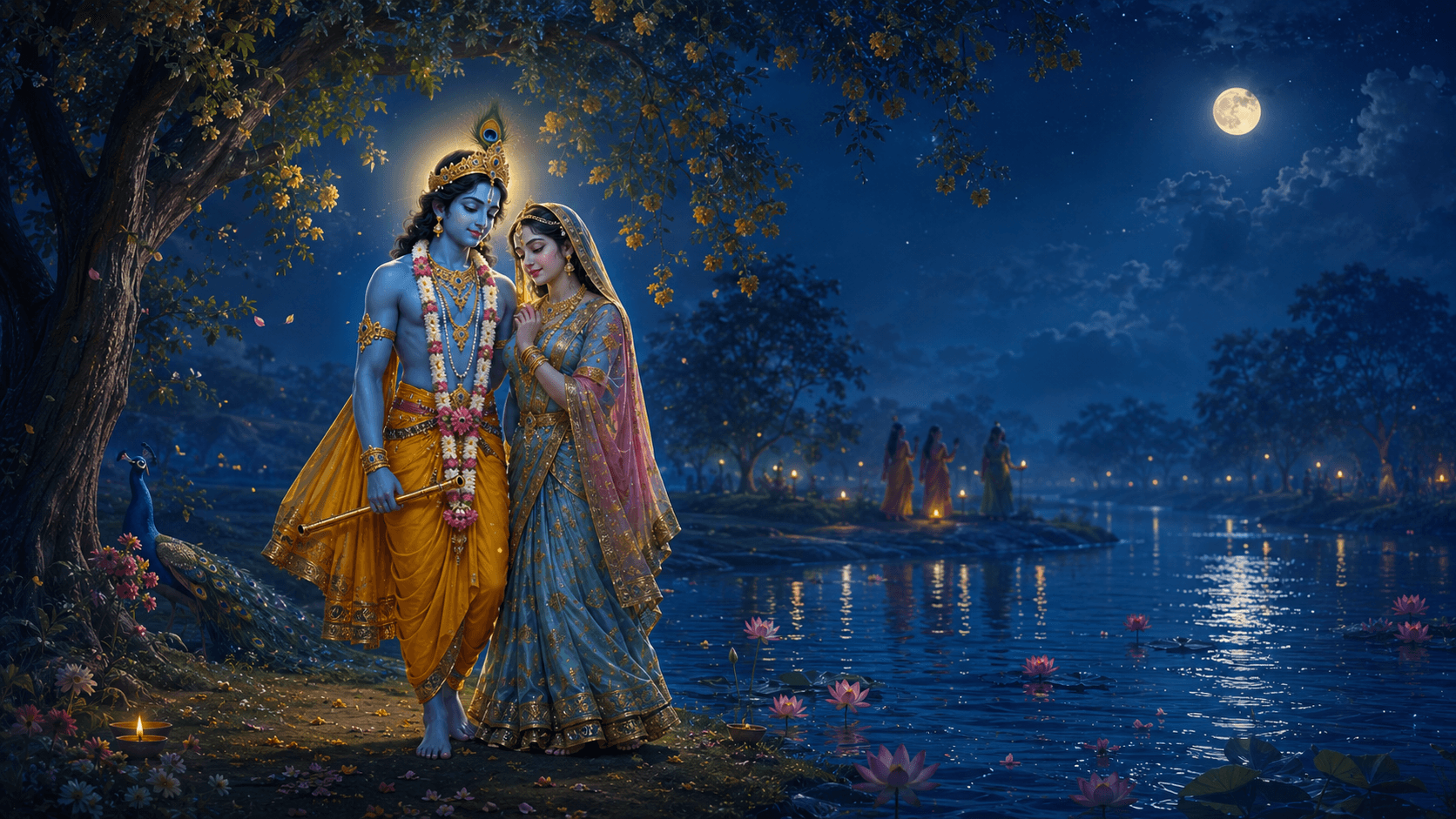 Radha and Krishna stand together beneath a flowering tree on the moonlit bank of the Yamuna, with lamps floating on the water and lotuses along the shore.