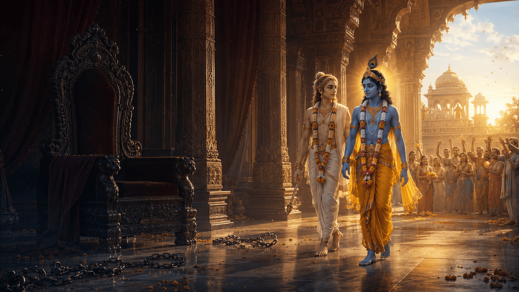 An empty carved throne stands in shadow while Krishna and Balarama walk through the hall toward a great open doorway filled with sunrise light and a waiting crowd.
