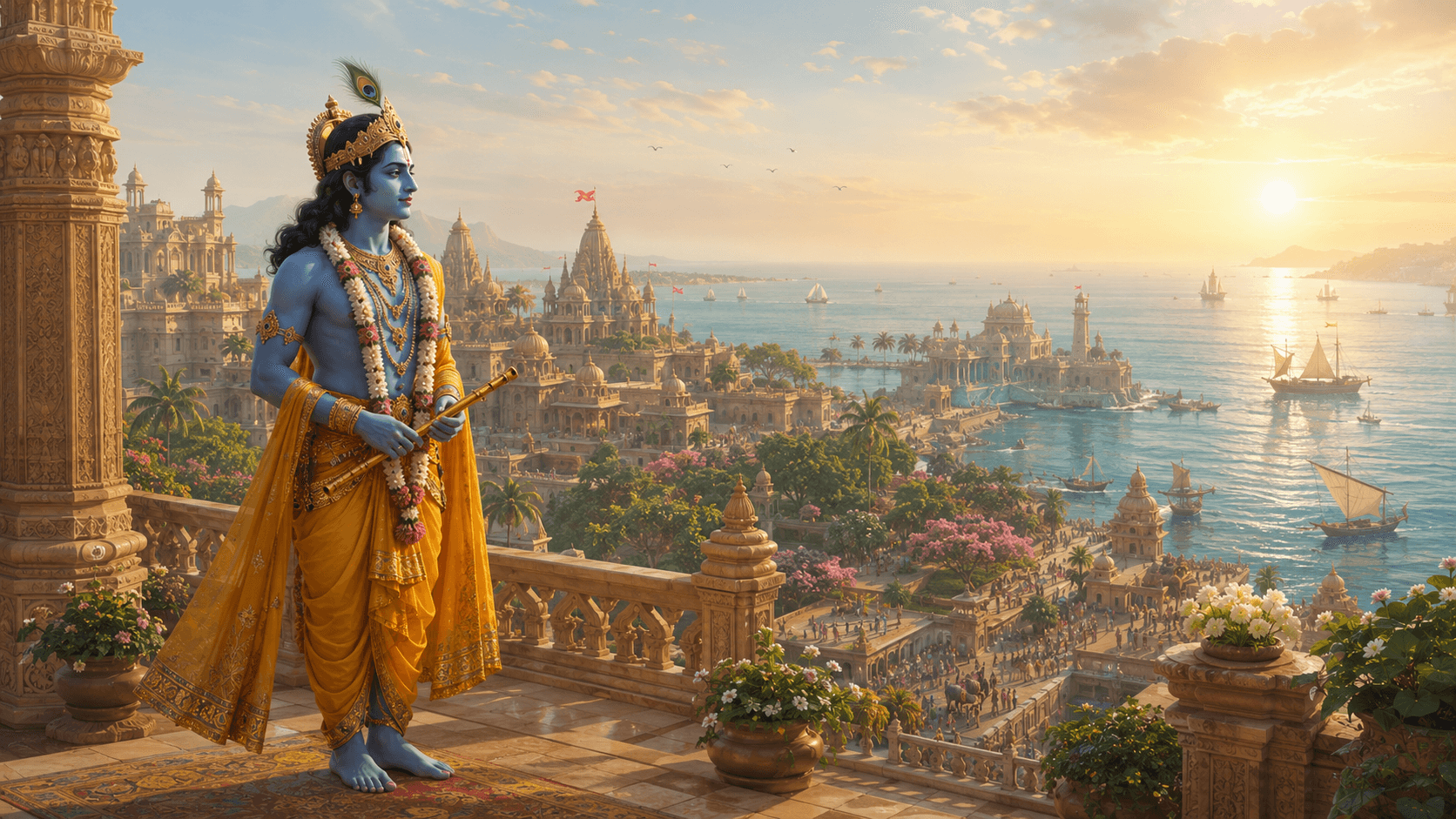 Krishna stands on a high carved terrace above the coastal city of Dwarka at sunrise, looking out over temples, gardens, harbour and sailing ships.