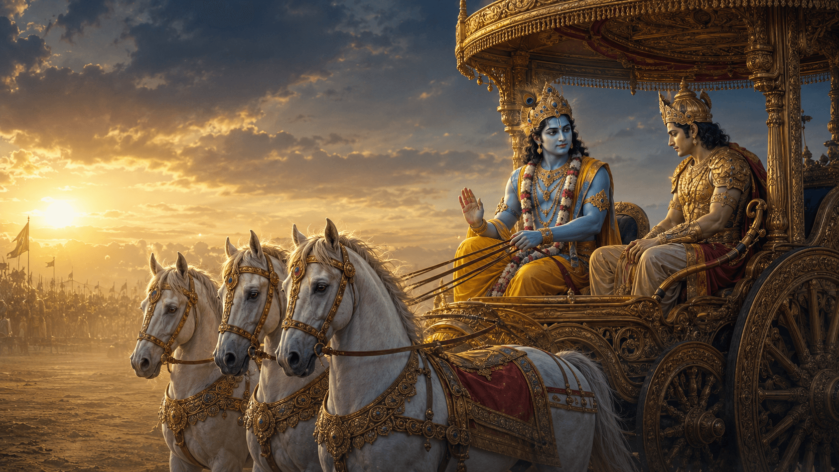 Krishna, seated at the reins of a golden chariot drawn by white horses, turns to counsel Arjuna as dawn light spreads across the field at Kurukshetra.