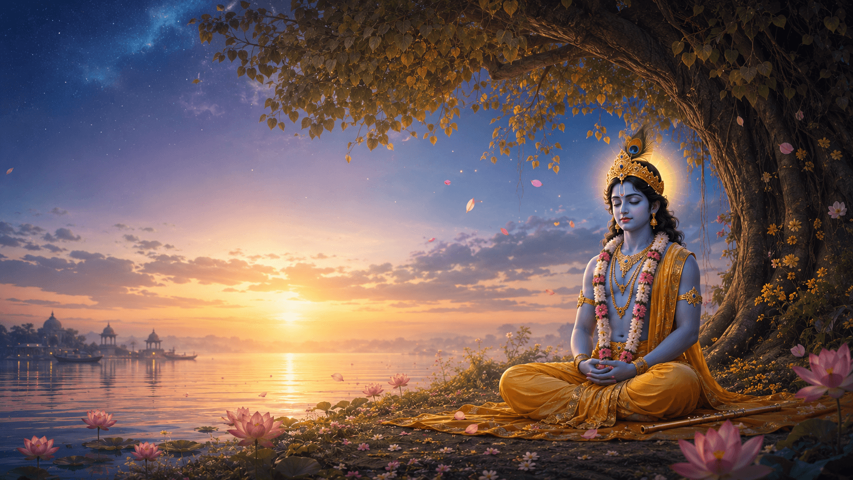 Krishna sits in stillness beneath a great tree at daybreak, beside a calm lake where lotus flowers open and petals drift on the first light.