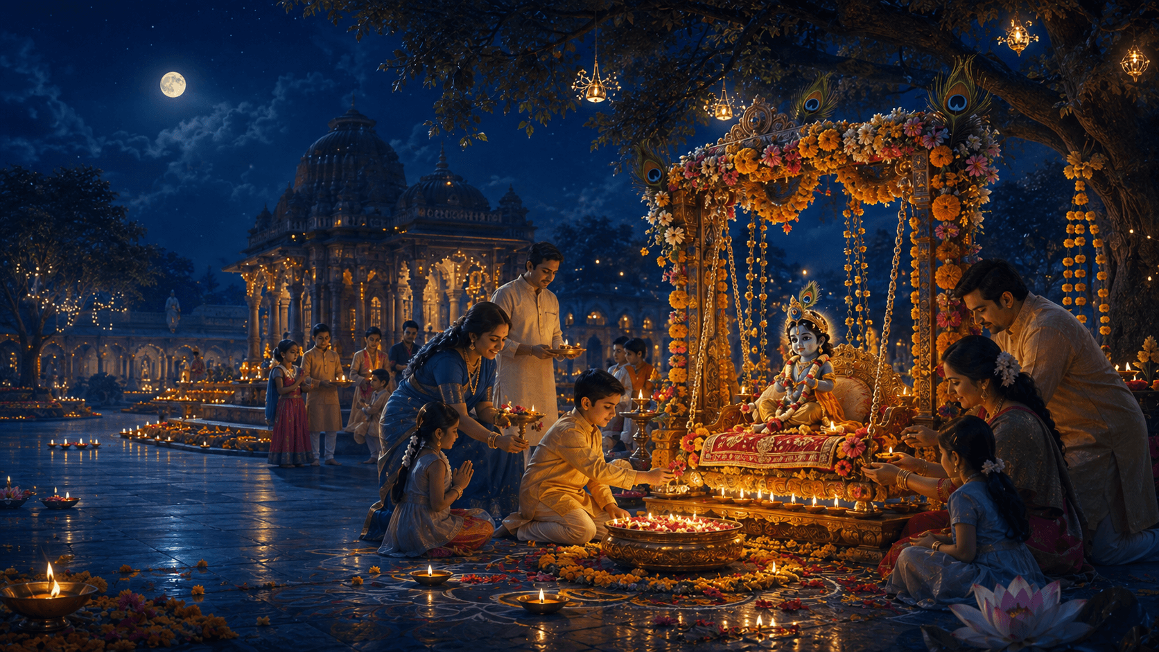 Families gather at midnight around a flower-decked cradle holding an image of the infant Krishna, lighting rows of oil lamps beside a temple courtyard.