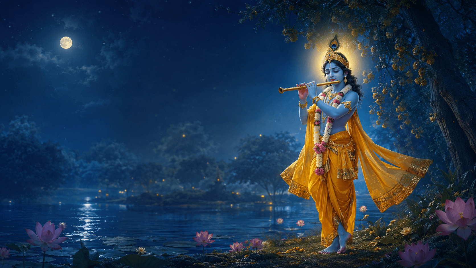 Krishna stands beneath a flowering tree on the moonlit bank of the Yamuna, playing the bansuri, with lotus flowers on the still water.